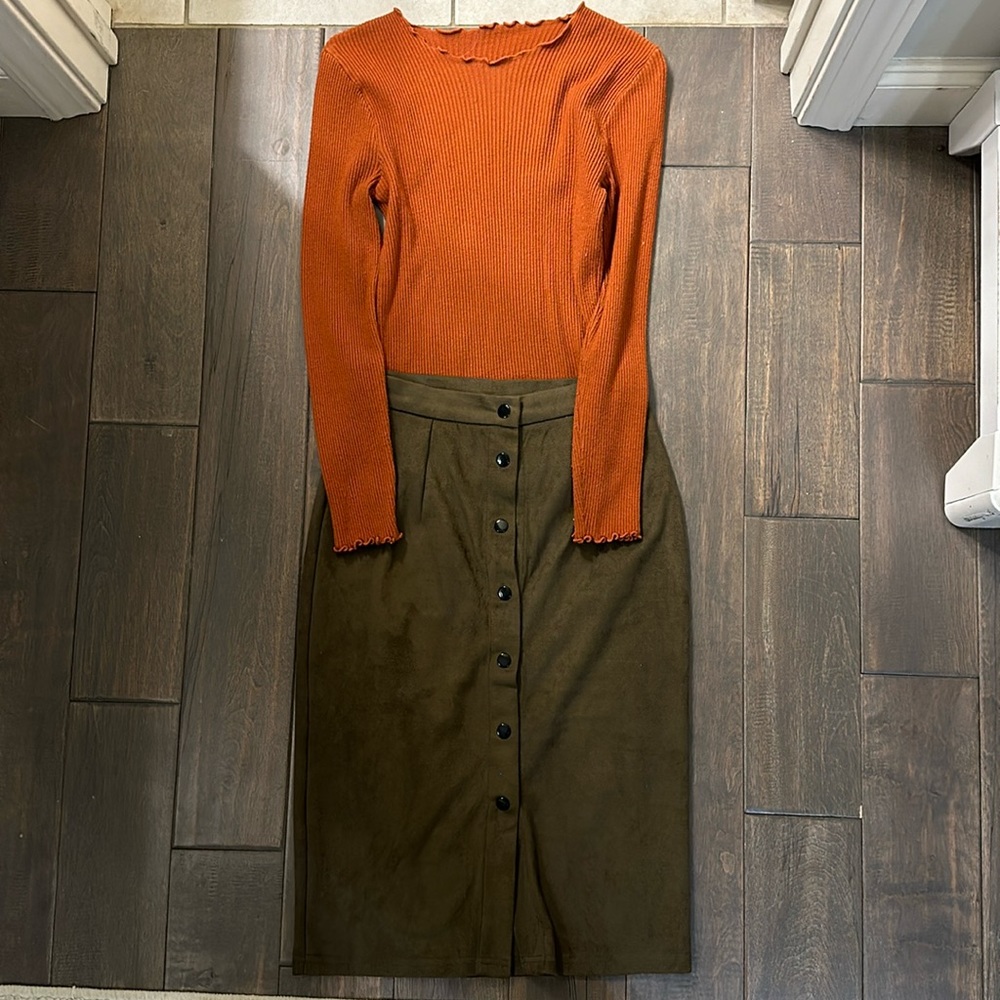 Ribbed sweater and Suede button up midi skirt